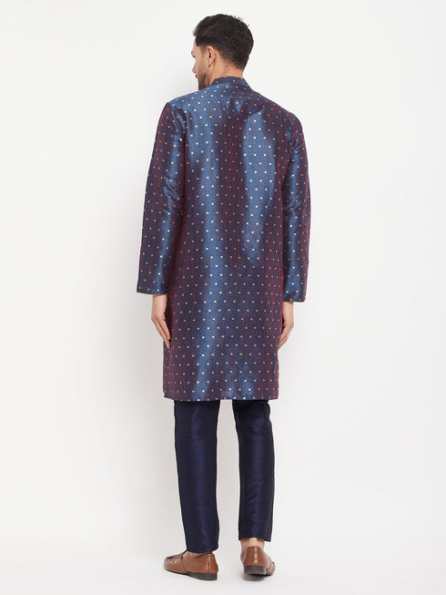 Vastramay Men's Navy Blue Zari Weaved Kurta And Pant Set