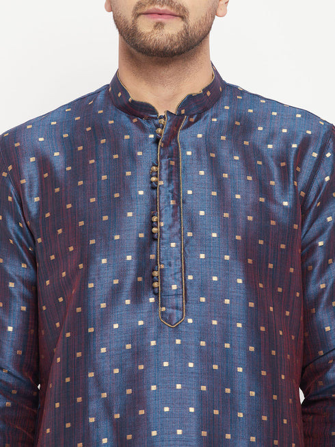 Vastramay Men's Navy Blue Zari Weaved Kurta And Pant Set