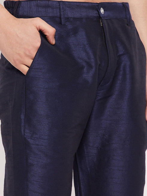 Vastramay Men's Navy Blue Zari Weaved Kurta And Pant Set