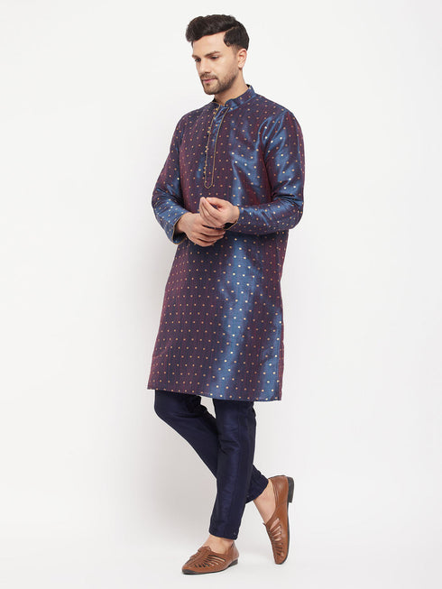 Vastramay Men's Navy Blue Zari Weaved Kurta And Pant Set