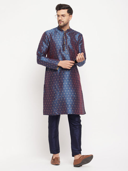 Vastramay Men's Navy Blue Zari Weaved Kurta And Pant Set