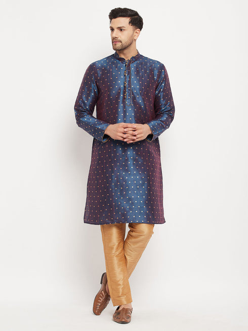 Vastramay Men's Navy Blue Zari Weaved Kurta And Pant Set