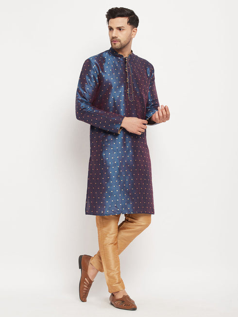 Vastramay Men's Navy Blue Zari Weaved Kurta And Pant Set