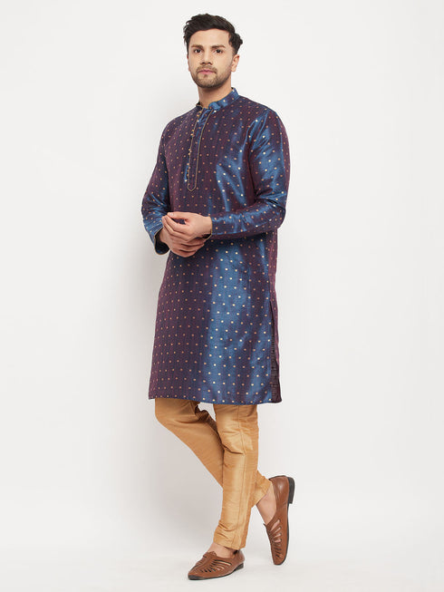 Vastramay Men's Navy Blue Zari Weaved Kurta And Pant Set