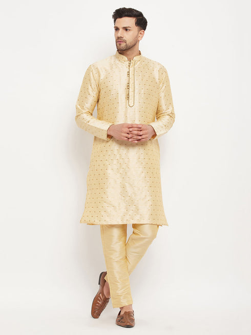 Vastramay Men's Gold Zari Weaved Kurta And Pant Set