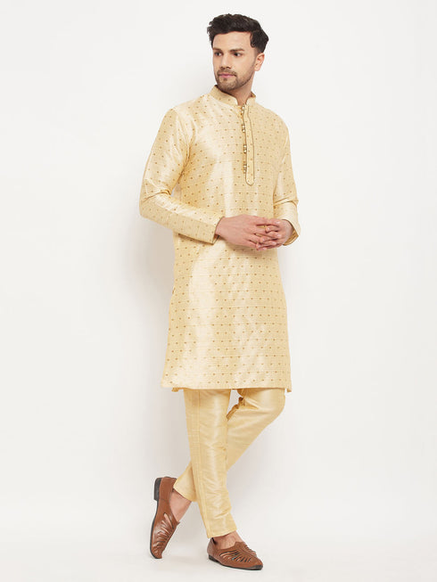 Vastramay Men's Gold Zari Weaved Kurta And Pant Set