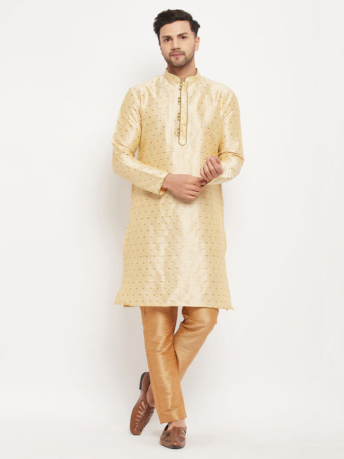 Vastramay Men's Gold Zari Weaved Kurta And Pant Set