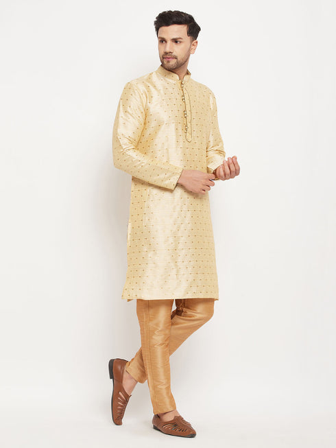 Vastramay Men's Gold Zari Weaved Kurta And Pant Set