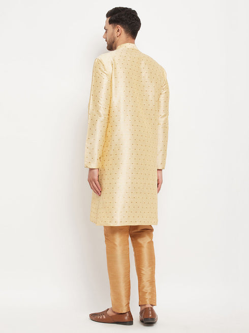 Vastramay Men's Gold Zari Weaved Kurta And Pant Set