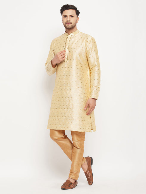 Vastramay Men's Gold Zari Weaved Kurta And Pant Set
