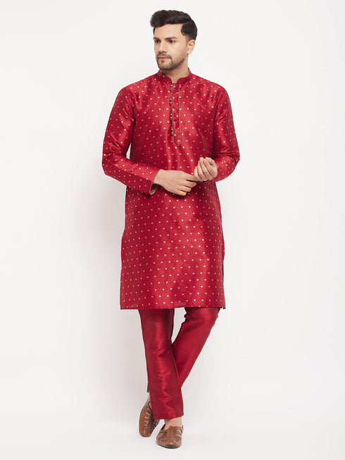 Vastramay Men's Maroon Zari Weaved Kurta And Pant Set