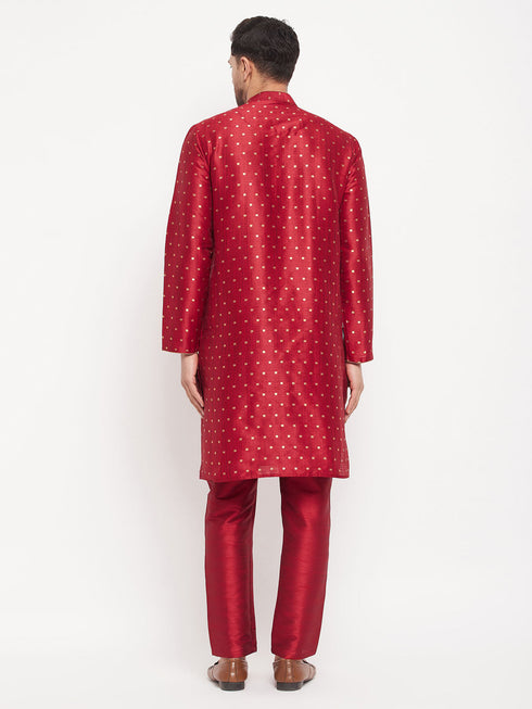 Vastramay Men's Maroon Zari Weaved Kurta And Pant Set
