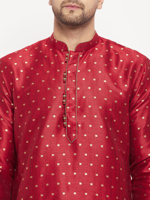 Vastramay Men's Maroon Zari Weaved Kurta And Pant Set