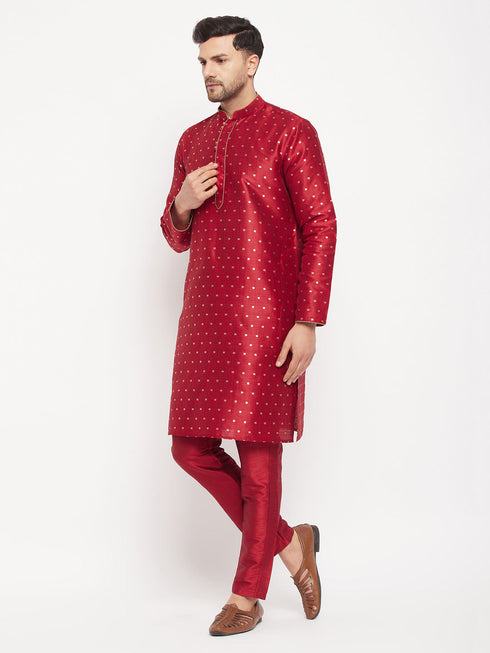 Vastramay Men's Maroon Zari Weaved Kurta And Pant Set
