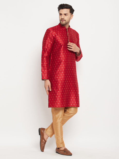 Vastramay Men's Maroon Zari Weaved Kurta And Pant Set