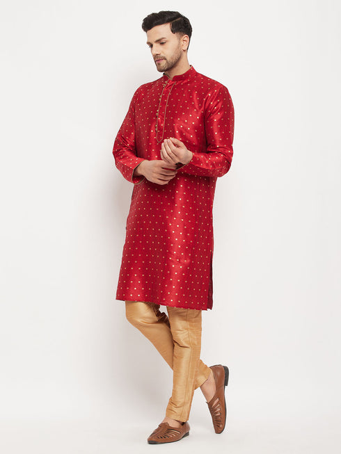 Vastramay Men's Maroon Zari Weaved Kurta And Pant Set