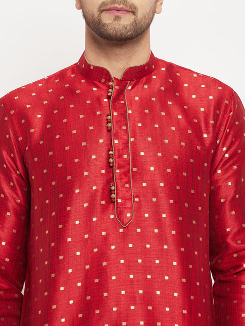 Vastramay Men's Maroon Zari Weaved Kurta And Pant Set