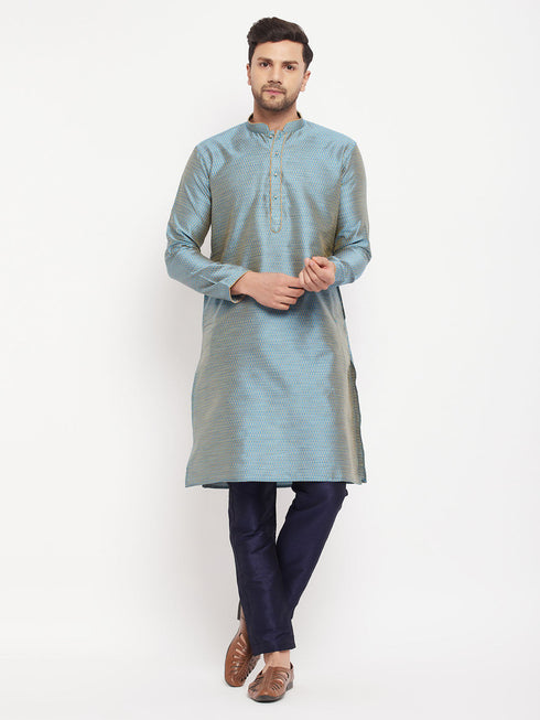 Vastramay Men's Aqua Blue Silk Blend Kurta and Navy Blue Pant Style Pyjama Set