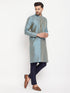 Vastramay Men's Aqua Blue Silk Blend Kurta and Navy Blue Pant Style Pyjama Set