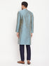 Vastramay Men's Aqua Blue Silk Blend Kurta and Navy Blue Pant Style Pyjama Set