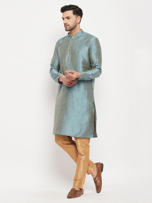 Vastramay Men's Aqua Blue Silk Blend Kurta and Rose Gold Pant Style Pyjama Set
