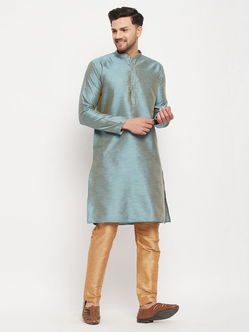 Vastramay Men's Aqua Blue Silk Blend Kurta and Rose Gold Pant Style Pyjama Set