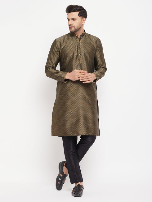 Vastramay Men's Black Silk Blend Kurta and Black Pant Style Pyjama Set