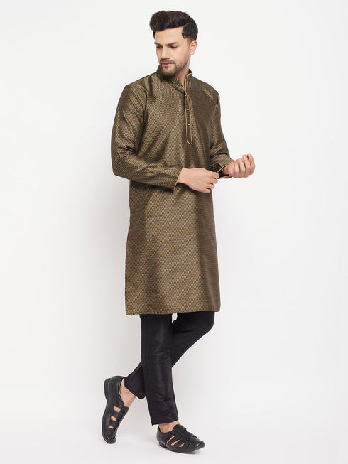 Vastramay Men's Black Silk Blend Kurta and Black Pant Style Pyjama Set