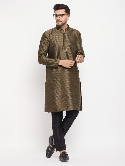 Vastramay Men's Black Silk Blend Kurta and Black Pant Style Pyjama Set
