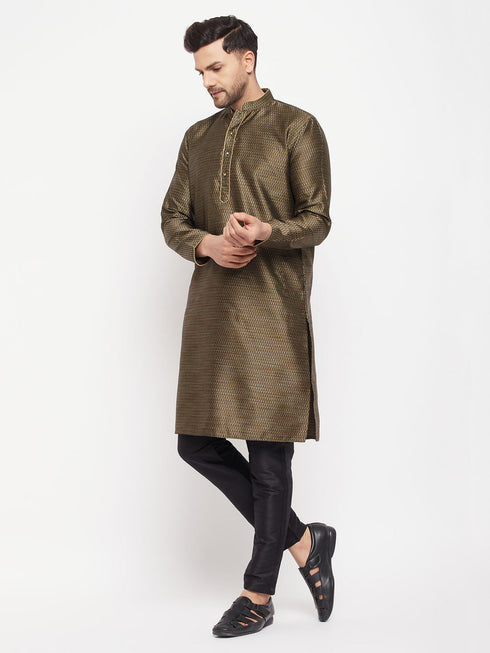 Vastramay Men's Black Silk Blend Kurta and Black Pant Style Pyjama Set