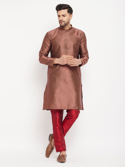 Vastramay Men's Maroon Silk Blend Kurta and Maroon Pant Style Pyjama Set