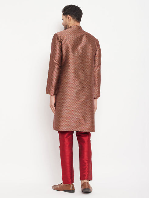 Vastramay Men's Maroon Silk Blend Kurta and Maroon Pant Style Pyjama Set