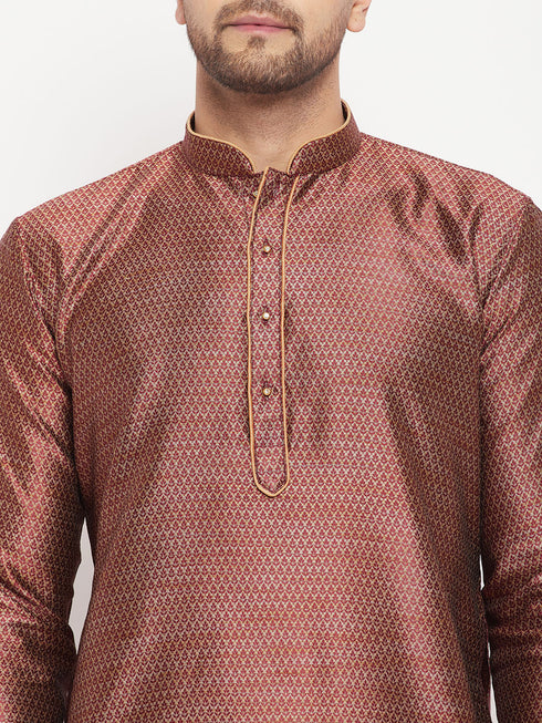 Vastramay Men's Maroon Silk Blend Kurta and Maroon Pant Style Pyjama Set