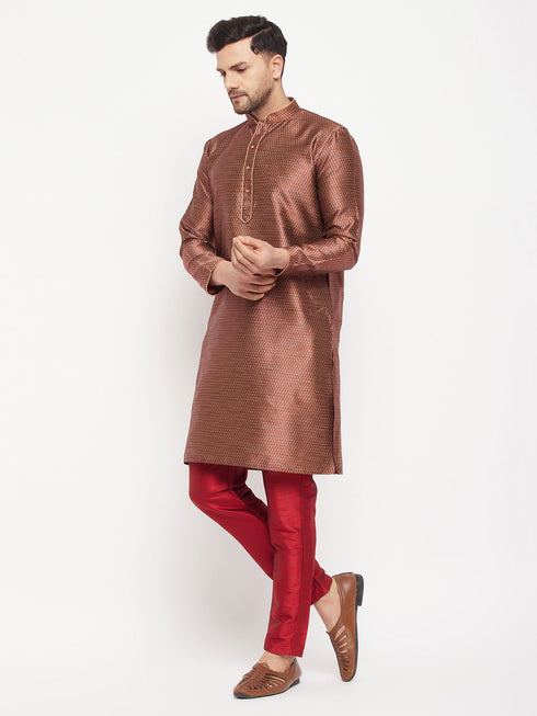 Vastramay Men's Maroon Silk Blend Kurta and Maroon Pant Style Pyjama Set