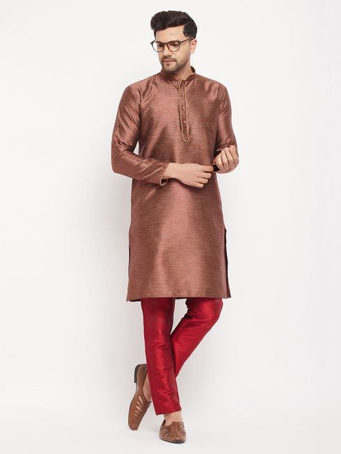 Vastramay Men's Maroon Silk Blend Kurta and Maroon Pant Style Pyjama Set