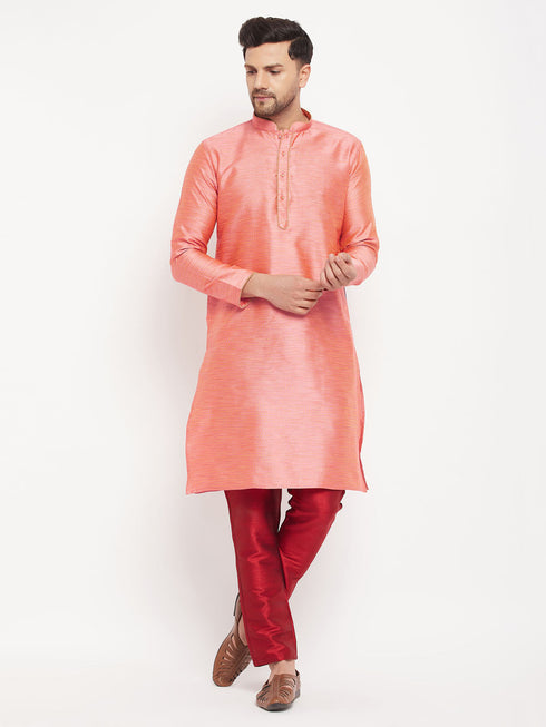 Vastramay Men's Pink Silk Blend Kurta and Maroon Pant Style Pyjama Set