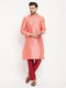 Vastramay Men's Pink Silk Blend Kurta and Maroon Pant Style Pyjama Set