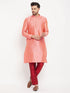 Vastramay Men's Pink Silk Blend Kurta and Maroon Pant Style Pyjama Set