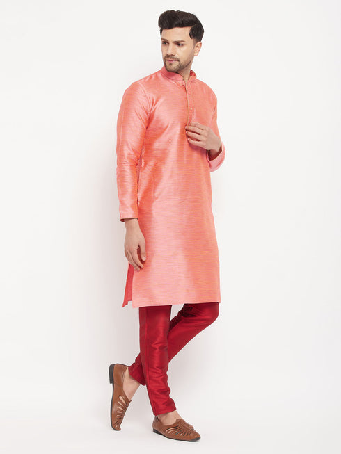 Vastramay Men's Pink Silk Blend Kurta and Maroon Pant Style Pyjama Set