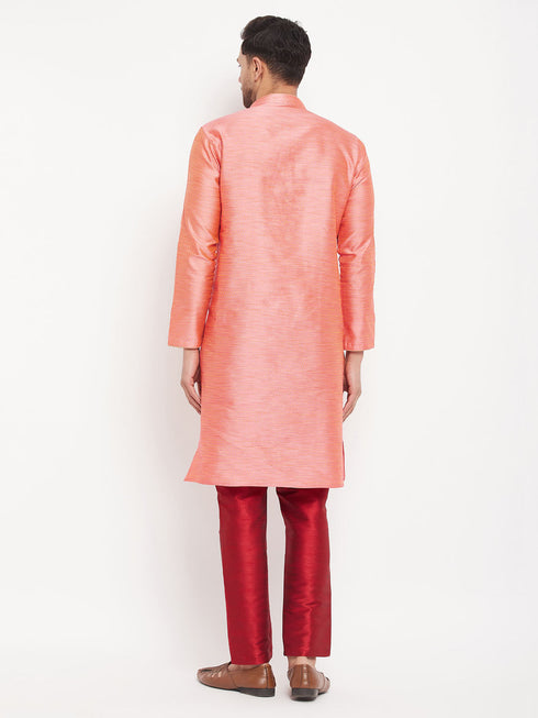 Vastramay Men's Pink Silk Blend Kurta and Maroon Pant Style Pyjama Set