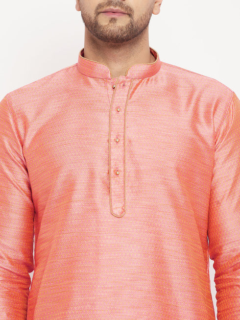Vastramay Men's Pink Silk Blend Kurta and Maroon Pant Style Pyjama Set
