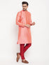 Vastramay Men's Pink Silk Blend Kurta and Maroon Pant Style Pyjama Set