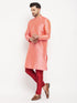 Vastramay Men's Pink Silk Blend Kurta and Maroon Pant Style Pyjama Set