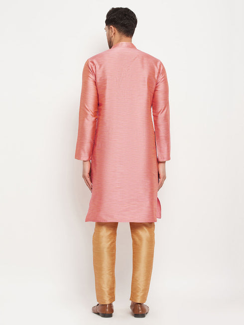 Vastramay Men's Pink Silk Blend Kurta and Rose Gold Pant Style Pyjama Set