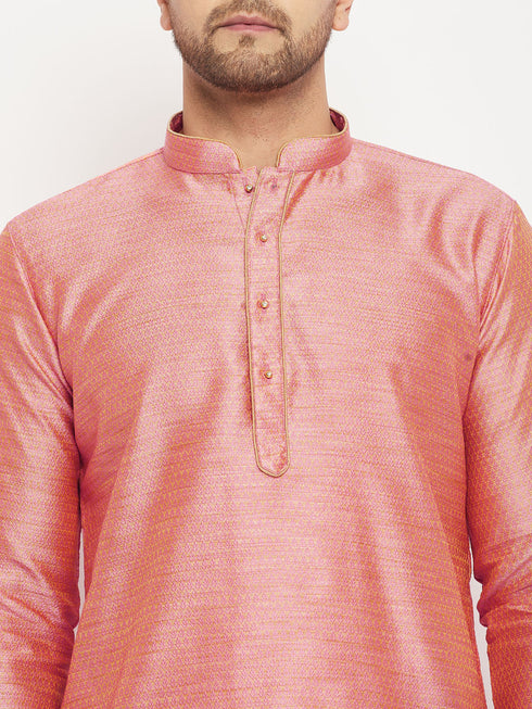 Vastramay Men's Pink Silk Blend Kurta and Rose Gold Pant Style Pyjama Set