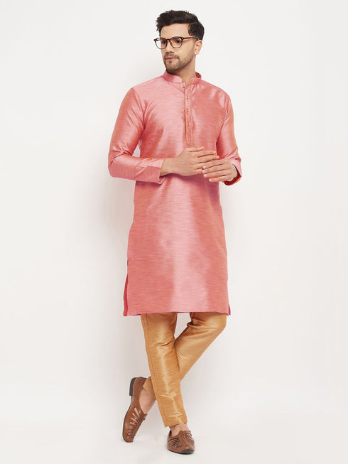 Vastramay Men's Pink Silk Blend Kurta and Rose Gold Pant Style Pyjama Set