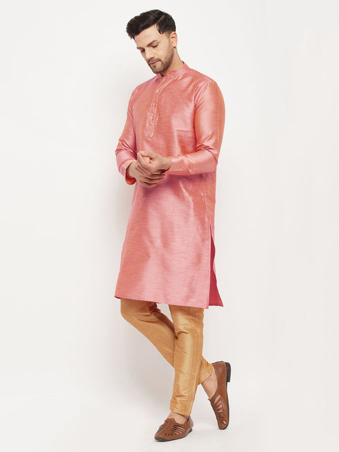 Vastramay Men's Pink Silk Blend Kurta and Rose Gold Pant Style Pyjama Set