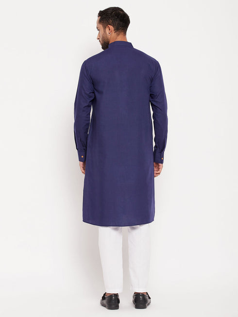 Vastramay Men's Blue Cotton Blend Kurta and White Pnt Style Pyjama Set