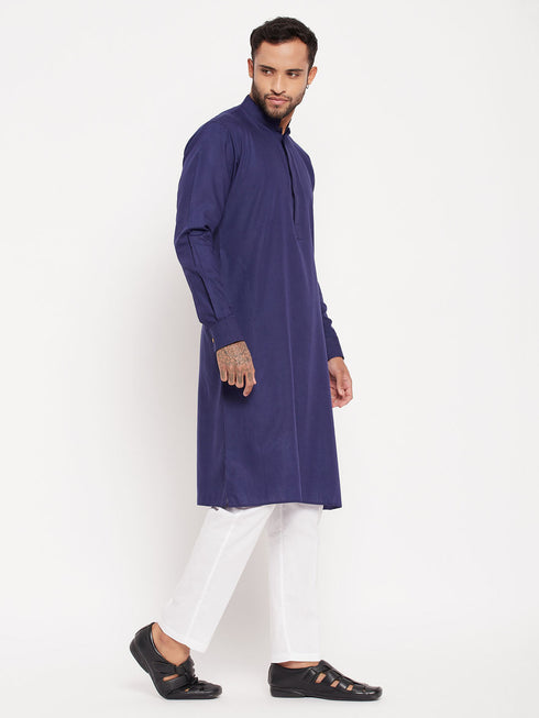 Vastramay Men's Blue Cotton Blend Kurta and White Pnt Style Pyjama Set