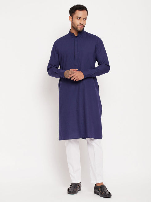 Vastramay Men's Blue Cotton Blend Kurta and White Pnt Style Pyjama Set